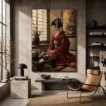 Crimson & Gold Tea House Japanese Geisha Art Canvas Print - Image 3
