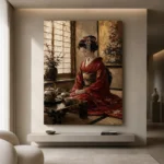 Crimson & Gold Tea House Japanese Geisha Art Canvas Print - Image 4