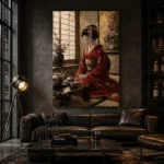 Crimson & Gold Tea House Japanese Geisha Art Canvas Print - Image 5