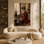 Crimson & Gold Tea House Japanese Geisha Art Canvas Print - Image 9