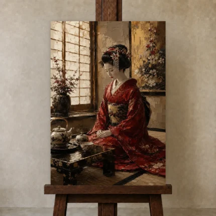 Crimson & Gold Tea House Japanese Geisha Art Canvas Print shown in Studio Easel