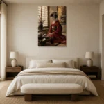 Crimson & Gold Tea House Japanese Geisha Art Canvas Print showcased in an elegant minimalist interior