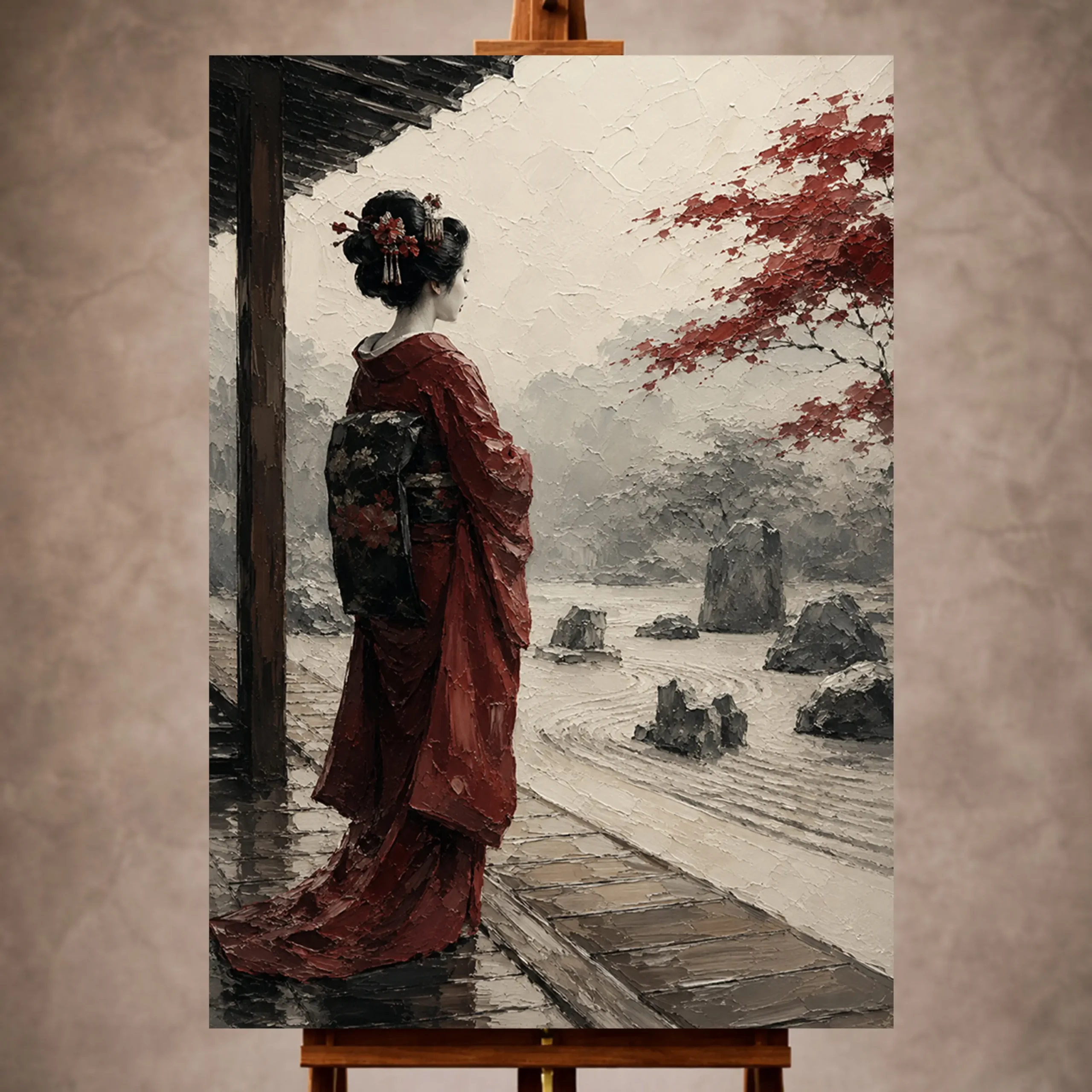 Premium Wall Art Dikey Html Edition – GYSHA028 Image 1 Crimson and stone gray contemplative Japanese Geisha Art print for elegant interiors. No text or watermarks in design.