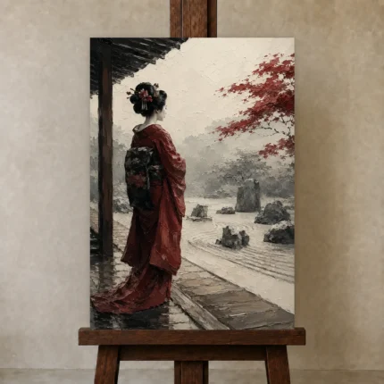 Crimson & Stone Zen Garden Japanese Geisha Art Canvas Print shown in Studio Easel