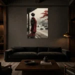 Crimson & Stone Zen Garden Japanese Geisha Art Canvas Print shown in a warm modern interior