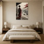 Crimson & Stone Zen Garden Japanese Geisha Art Canvas Print showcased in an elegant minimalist interior