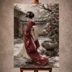 Crimson and ivory poetic Japanese Geisha Art print for elegant interiors. No text or watermarks in design.