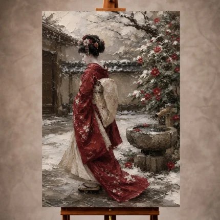 Crimson and ivory poetic Japanese Geisha Art print for elegant interiors. No text or watermarks in design.