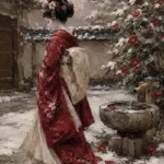Crimson & Ivory Winter Courtyard Japanese Geisha Art Canvas Print