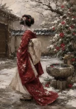 Crimson & Ivory Winter Courtyard Japanese Geisha Art Canvas Print