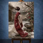 Crimson & Ivory Winter Courtyard Japanese Geisha Art Canvas Print - Image 2