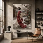 Crimson & Ivory Winter Courtyard Japanese Geisha Art Canvas Print - Image 3