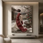 Crimson & Ivory Winter Courtyard Japanese Geisha Art Canvas Print - Image 4