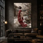 Crimson & Ivory Winter Courtyard Japanese Geisha Art Canvas Print - Image 5