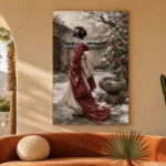 Crimson & Ivory Winter Courtyard Japanese Geisha Art Canvas Print - Image 6