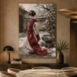 Crimson & Ivory Winter Courtyard Japanese Geisha Art Canvas Print - Image 7