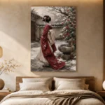 Crimson & Ivory Winter Courtyard Japanese Geisha Art Canvas Print - Image 8
