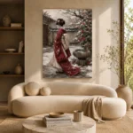 Crimson & Ivory Winter Courtyard Japanese Geisha Art Canvas Print - Image 9