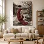Crimson & Ivory Winter Courtyard Japanese Geisha Art Canvas Print - Image 10