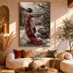 Crimson & Ivory Winter Courtyard Japanese Geisha Art Canvas Print - Image 11