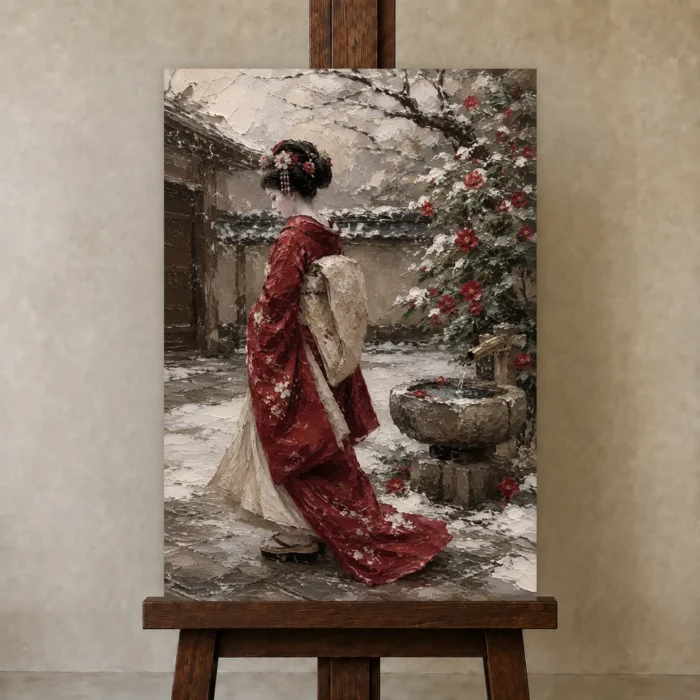 Crimson & Ivory Winter Courtyard Japanese Geisha Art Canvas Print displayed on a studio easel