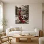 Crimson & Ivory Winter Courtyard Japanese Geisha Art Canvas Print styled in a refined neutral interior