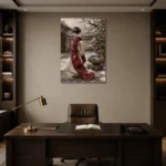 Crimson & Ivory Winter Courtyard Japanese Geisha Art Canvas Print displayed in a contemporary gallery-inspired room