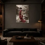 Crimson & Ivory Winter Courtyard Japanese Geisha Art Canvas Print shown in a warm modern interior