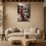 Crimson & Ivory Winter Courtyard Japanese Geisha Art Canvas Print presented in a sophisticated home setting