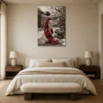 Crimson & Ivory Winter Courtyard Japanese Geisha Art Canvas Print showcased in an elegant minimalist interior