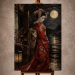Crimson and champagne elegant Japanese Geisha Art print for elegant interiors. No text or watermarks in design.