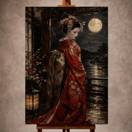 Crimson and champagne elegant Japanese Geisha Art print for elegant interiors. No text or watermarks in design.