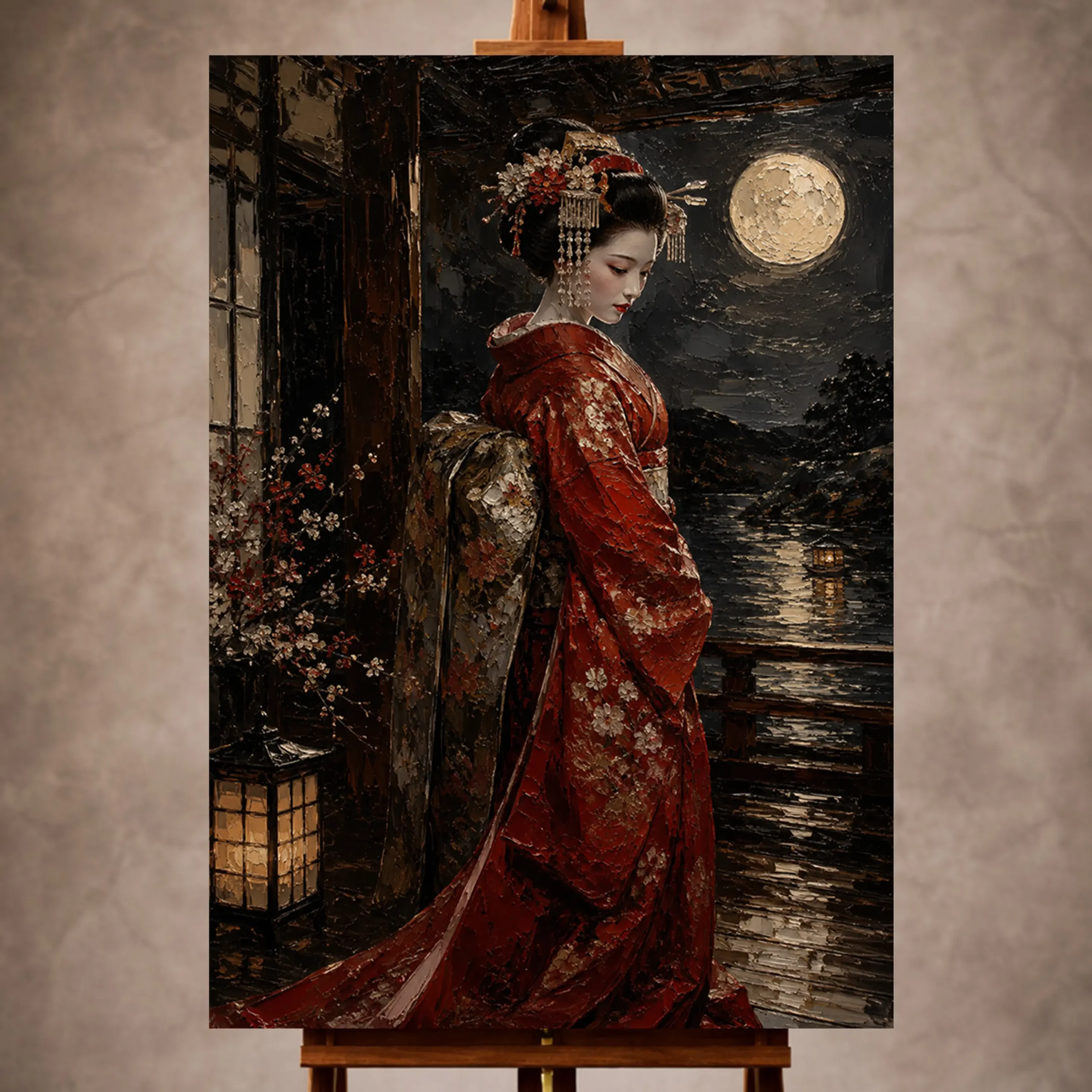 Premium Wall Art Dikey Html Edition – GYSHA030 Image 1 Crimson and champagne elegant Japanese Geisha Art print for elegant interiors. No text or watermarks in design.
