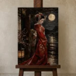Crimson & Champagne Geisha Art Canvas Print displayed on a studio easel