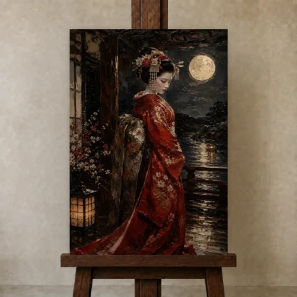 Crimson & Champagne Geisha Art Canvas Print shown in Studio Easel