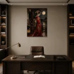 Crimson & Champagne Geisha Art Canvas Print displayed in a contemporary gallery-inspired room