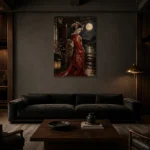 Crimson & Champagne Geisha Art Canvas Print shown in a warm modern interior