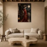 Crimson & Champagne Geisha Art Canvas Print presented in a sophisticated home setting