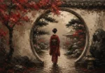 Crimson & Charcoal Kyoto Garden Japanese Geisha Art Canvas Print