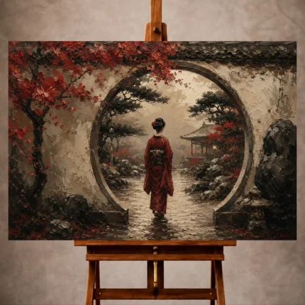 Crimson and charcoal Japanese Geisha Art print for elegant interiors. No text or watermarks in design.