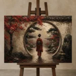 Crimson & Charcoal Kyoto Garden Japanese Geisha Art Canvas Print displayed on a studio easel