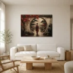Crimson & Charcoal Kyoto Garden Japanese Geisha Art Canvas Print styled in a refined neutral interior
