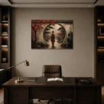 Crimson & Charcoal Kyoto Garden Japanese Geisha Art Canvas Print displayed in a contemporary gallery-inspired room