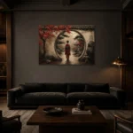 Crimson & Charcoal Kyoto Garden Japanese Geisha Art Canvas Print shown in a warm modern interior