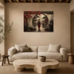 Crimson & Charcoal Kyoto Garden Japanese Geisha Art Canvas Print presented in a sophisticated home setting