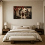 Crimson & Charcoal Kyoto Garden Japanese Geisha Art Canvas Print showcased in an elegant minimalist interior