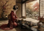 Crimson & Gold Tea House Japanese Geisha Art Canvas Print