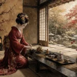 Crimson & Gold Tea House Japanese Geisha Art Canvas Print