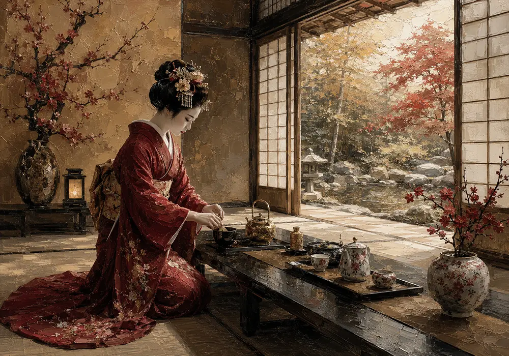 Crimson & Gold Tea House Japanese Geisha Art Canvas Print