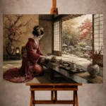 Crimson and gold serene Japanese Geisha Art print for elegant interiors. No text or watermarks in design.